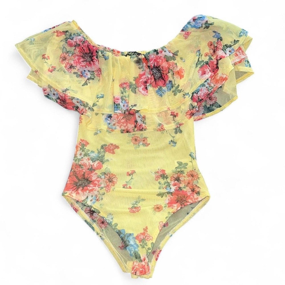 vintage day g yellow floral mesh ruffle bodysuit size s
